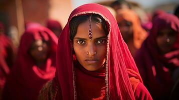 ai gegenereerd Rajasthani vrouw in traditioneel rood kleding ai gegenereerd foto