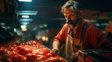 ai gegenereerd produceren verkoper Bij lokaal markt ai gegenereerd foto