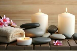 ai gegenereerd spa behandeling aroma behandeling met kaarsen, stenen en bloemen voor kom tot rust welzijn. foto