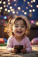 ai gegenereerd kinderen genieten van de opwinding van gebruik makend van een mobiele telefoon foto