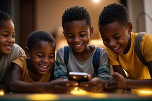 ai gegenereerd kinderen genieten van de opwinding van gebruik makend van een mobiele telefoon foto