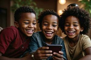 ai gegenereerd kinderen genieten van de opwinding van gebruik makend van een mobiele telefoon foto