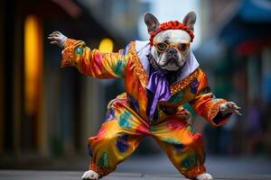 ai gegenereerd een Frans bulldog gekleed in kleurrijk kostuum in de carnaval ai generatief foto