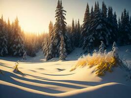 ai gegenereerd mooi winter landschap met zonsondergang in de besneeuwd bergen, bomen gedekt met sneeuw foto