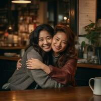 ai gegenereerd twee jong Dames knuffelen in een koffie winkel foto