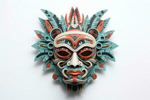 ai gegenereerd carnaval masker voor de festival. aztec traditioneel ceremonieel masker Aan wit achtergrond. krijger masker. tribal totem. tradities en douane van de oude Azteken. reizen souvenir. foto