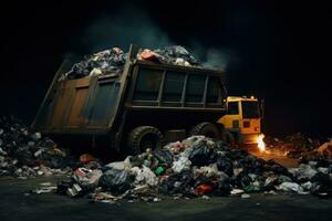 ai gegenereerd vuilnis vrachtauto lossen uitschot Bij een stortplaats. geschikt voor milieu of verspilling beheer doeleinden foto
