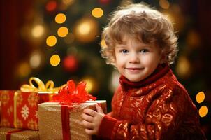 ai gegenereerd jongen in de buurt de Kerstmis boom en cadeaus voor Kerstmis foto