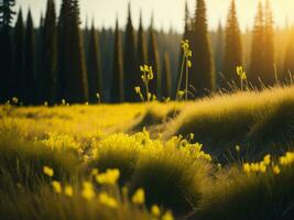 ai gegenereerd gloeiend velden van winter zacht focus zonsondergang weide met geel bloemen van de natuur omarmen. een symfonie van kleuren warm winter zonsondergang weide met abstract zacht focus natuur harmonie. foto