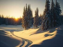 ai gegenereerd zonsondergang in de hout tussen de bomen stammen in winter periode. zonsondergang in de Woud foto