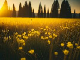 ai gegenereerd gloeiend velden van winter zacht focus zonsondergang weide met geel bloemen van de natuur omarmen. een symfonie van kleuren warm winter zonsondergang weide met abstract zacht focus natuur harmonie. foto