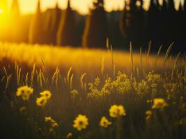 ai gegenereerd abstract zacht focus zonsondergang veld- landschap van geel bloemen en gras weide warm gouden uur zonsondergang zonsopkomst tijd. rustig voorjaar zomer natuur detailopname en wazig Woud achtergrond. foto