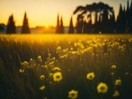 ai gegenereerd abstract zacht focus zonsondergang veld- landschap van geel bloemen en gras weide warm gouden uur zonsondergang zonsopkomst tijd. rustig voorjaar zomer natuur detailopname en wazig Woud achtergrond. foto