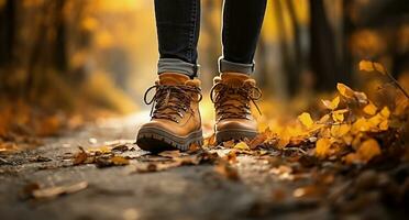 ai gegenereerd een vrouw wandelen door herfst natuur foto