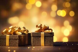 ai gegenereerd Kerstmis achtergrond met geel presenteert of cadeaus in doos foto