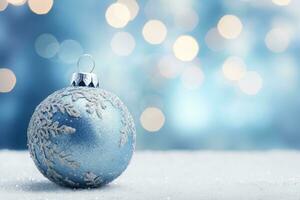 ai gegenereerd Kerstmis achtergrond met Kerstmis decoraties. blauw ballen en zilver sneeuwvlokken foto