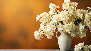 ai gegenereerd bloeiend wit hortensia en een mooi keramisch vaas. nog steeds leven met bloemen. vintage. generatief ai foto