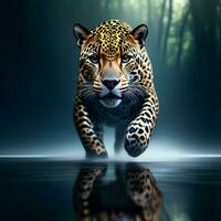 ai gegenereerd een luipaard wandelen door water met gras en riet in de achtergrond foto