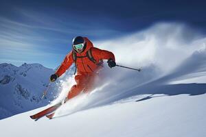 ai gegenereerd skiër skiën Aan berg helling. ai gegenereerd foto