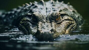 ai gegenereerd dichtbij omhoog krokodil hoofd opkomend van de water, Nijl krokodil in de water foto
