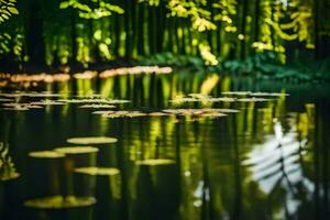 ai gegenereerd een vijver met lelie stootkussens en groen bomen foto