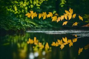 ai gegenereerd herfst bladeren Aan de water foto