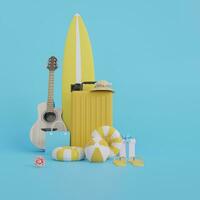 geel koffer of koffer met strand accessoires Aan een blauw achtergrond. 3d renderen van zomer vakantie en vakantie concept foto