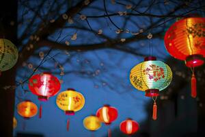ai gegenereerd kleurrijk festival lantaarns gedurende de Chinese traditioneel vakantie seizoen. ai gegenereerd foto