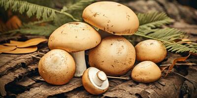 ai gegenereerd een groep van champignons zittend Aan top van een stapel van bladeren, ai foto