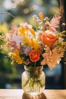 ai gegenereerd een vaas gevulde met bloemen zittend Aan top van een houten tafel, ai foto