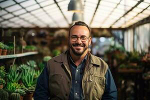 ai gegenereerd een Mens staand in voorkant van een bundel van planten, ai foto