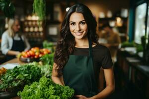 ai gegenereerd een vrouw eigenaar van restaurant bedrijf staand in een reclame keuken Holding een kom van groenten, ai foto