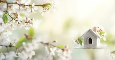 ai gegenereerd speelgoed- huis en kers bloemen, voorjaar abstract natuurlijk achtergrond. generatief ai foto