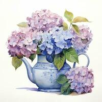 ai gegenereerd waterverf hortensia's in theepot geïsoleerd Aan wit achtergrond. ai gegenereerd foto