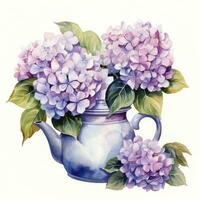 ai gegenereerd waterverf hortensia's in theepot geïsoleerd Aan wit achtergrond. ai gegenereerd foto