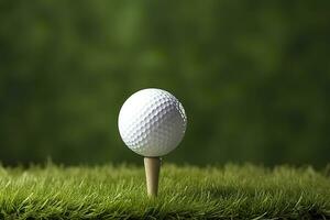 ai gegenereerd wit golf bal Aan houten tee met gras. generatief ai foto