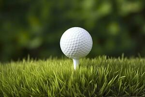 ai gegenereerd wit golf bal Aan houten tee met gras. generatief ai foto