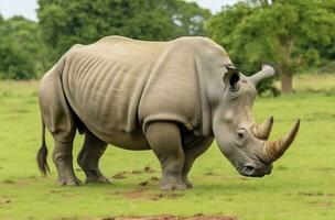 ai gegenereerd zuiden Afrikaanse neushoorn grazen. ai gegenereerd foto