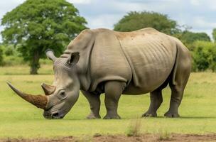 ai gegenereerd zuiden Afrikaanse neushoorn grazen. ai gegenereerd foto