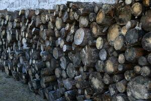 gezaagd logboeken gelegd tegen de muur. brandhout voor aanmaakhout. gezaagd pijnboom hout. foto