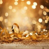 ai gegenereerd gouden wazig achtergrond met een bokeh effect, confetti, en gouden linten. een abstract luxueus feestelijk achtergrond. generatief ai. foto