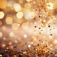 ai gegenereerd gouden wazig achtergrond met een bokeh effect en confetti. een abstract luxueus feestelijk achtergrond. generatief ai. foto