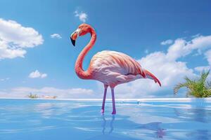 ai gegenereerd roze flamingo in de water. ai gegenereerd foto