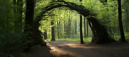 ai gegenereerd natuurlijk boog vormig door takken in de Woud. ai gegenereerd foto