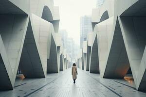 ai gegenereerd vrouw wandelen in futuristische brutalist stad straat. ai gegenereerd. foto