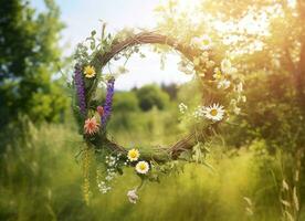 ai gegenereerd rustiek wilde bloemen krans Aan een zonnig weide. zomer zonnestilstand dag, midzomer concept. generatief ai foto