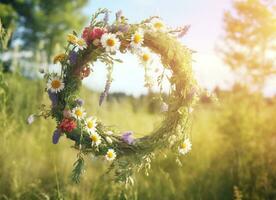 ai gegenereerd rustiek wilde bloemen krans Aan een zonnig weide. zomer zonnestilstand dag, midzomer concept. generatief ai foto