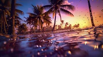 ai gegenereerd strand met golven en kokosnoot bomen Bij zonsondergang. generatief ai foto
