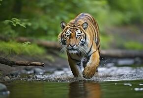 ai gegenereerd amur tijger wandelen in de water. gevaarlijk dier. dier in een groen Woud stroom. generatief ai foto