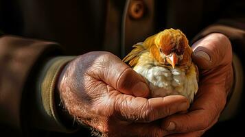 ai gegenereerd detailopname afbeelding van een oud zorgzaam hand- en een weinig vogel. generatief ai foto